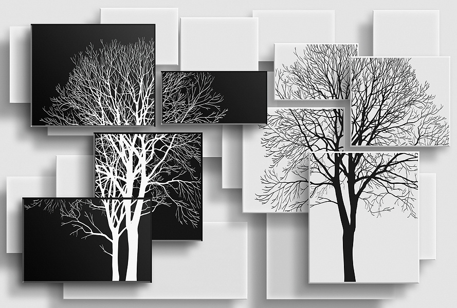 Фото готовых фотообоев на стену 02-5033 Чёрно-белые 3D деревья